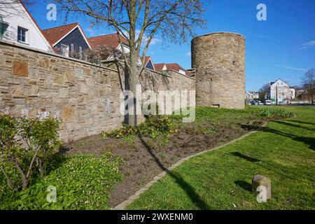 Historische Stadtmauer mit Turm im historischen Zentrum von Hattingen, Ennepe-Ruhr-Bezirk, Nordrhein-Westfalen, Deutschland Stockfoto