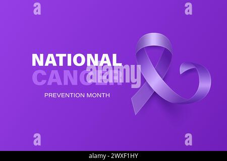 National Cancer Prevention Month, Februar. Banner, Karte, Plakat mit realistischem 3D-Vektor-Lavendelband auf Lavendelhintergrund. Krebsbewusstsein Stock Vektor