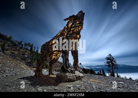 Die 'Lupa del Lagorai' in einer Vollmondnacht: Ein Werk der Landkunst aus Holz. Vetriolo, Levico Terme, Trentino, Italien. Stockfoto