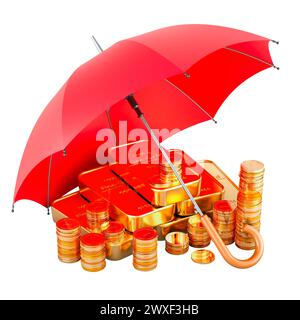 Goldene Münzen und Barren unter rotem Schirm. Finanzversicherungskonzept, 3D-Rendering isoliert auf weißem Hintergrund Stockfoto