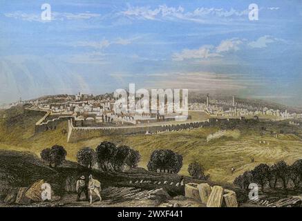 Jerusalem. Allgemeiner Blick vom Ölberg. Stich von Emile Rouargue. "La Tierra Santa y los lugares recorridos por los profetas, por los apóstoles y por los cruzados" (das Heilige Land und die von den Propheten, den Aposteln und den Kreuzfahrern durchquerten Stätten). Veröffentlicht in Barcelona von der Druckerei Joaquin Verdaguer, 1840. Autor: Emile Rouargue (1795–1865). Französischer Graveur. Stockfoto