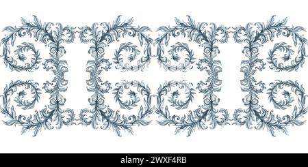 Einfarbiges graues florales Aquarell nahtloses horizontales Muster mit Zweigen und Blättern für stilvolles Vintage-Design, Vorlage, Banner, Aufkleber, Tattoo, Stockfoto