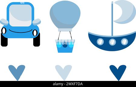 Set von niedlichem Cartoon Auto, Schiff, Luftballon in blauer Farbe. Verkehrsträger. Stock Vektor