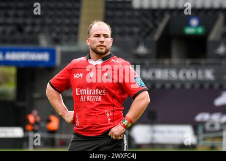 Swansea, Wales. 30. März 2024. PJ Botha von Emirates Lions während des 13. Runde-Spiels der United Rugby Championship (URC) zwischen Ospreys und Emirates Lions im Swansea.com Stadium in Swansea, Wales, Großbritannien am 30. März 2024. Quelle: Duncan Thomas/Majestic Media. Stockfoto