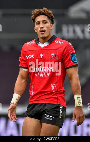 Swansea, Wales. 30. März 2024. Jordan Hendrikse von Emirates Lions während des 13. Runde-Spiels der United Rugby Championship (URC) zwischen Ospreys und Emirates Lions im Stadion Swansea.com in Swansea, Wales, Großbritannien am 30. März 2024. Quelle: Duncan Thomas/Majestic Media. Stockfoto