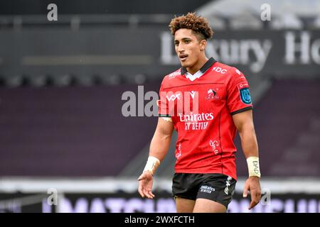 Swansea, Wales. 30. März 2024. Jordan Hendrikse von Emirates Lions während des 13. Runde-Spiels der United Rugby Championship (URC) zwischen Ospreys und Emirates Lions im Stadion Swansea.com in Swansea, Wales, Großbritannien am 30. März 2024. Quelle: Duncan Thomas/Majestic Media. Stockfoto