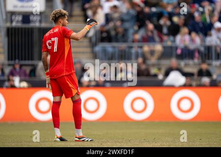 30. März 2024: Minnesota United FC Goalie Dayne St. Clair (97) steht während der ersten Hälfte eines MLS-Spiels gegen die Philadelphia Union im Subaru Park in Chester, Pennsylvania. Kyle Rodden/CSM Stockfoto