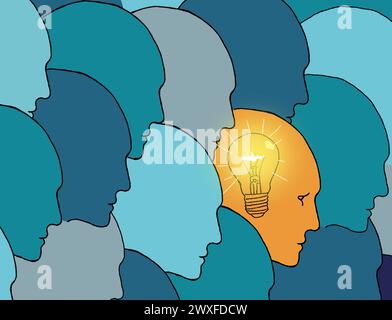 Profile menschlicher Köpfe mit Glühlampen im Inneren. Das Konzept kollektiven Denkens, Kreativität und Teamarbeit. Heben Sie sich von der Menge ab. Seien Sie anders, Stockfoto