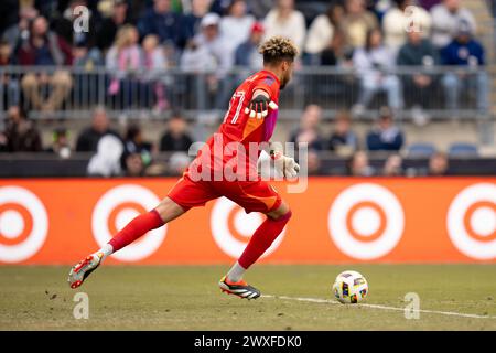 30. März 2024: Minnesota United FC Goalie Dayne St. Clair (97) tritt den Ball in der ersten Hälfte eines MLS-Spiels gegen die Philadelphia Union im Subaru Park in Chester, Pennsylvania. Kyle Rodden/CSM Stockfoto