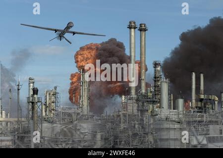 Drohne fliegt über Öllager, Öltank brennt und raucht, Raffineriefeuer, Drohnenangriff. Stockfoto