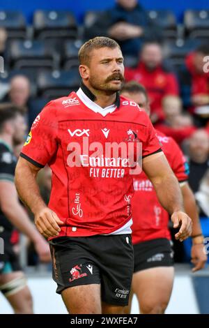 Swansea, Wales. 30. März 2024. Jaco Visagie von Emirates Lions während des 13. Runde-Spiels der United Rugby Championship (URC) zwischen Ospreys und Emirates Lions im Swansea.com Stadium in Swansea, Wales, Großbritannien am 30. März 2024. Quelle: Duncan Thomas/Majestic Media. Stockfoto