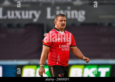 Swansea, Wales. 30. März 2024. Ruan Dreyer von Emirates Lions während des 13. Runde-Spiels der United Rugby Championship (URC) zwischen Ospreys und Emirates Lions im Swansea.com Stadium in Swansea, Wales, Großbritannien am 30. März 2024. Quelle: Duncan Thomas/Majestic Media. Stockfoto