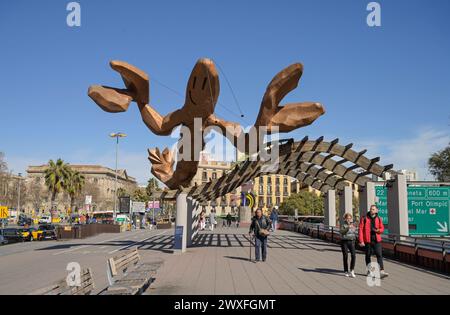 Hummer Skulptur, Languste, Moll de la Fusta, Promenade am Hafen Port Vell, Barcelona, Katalonien, Spanien *** Hummer Skulptur, Hummer, Moll de la Fusta, Promenade am Hafen Vell, Barcelona, Katalonien, Spanien Stockfoto