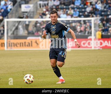 Chester, Pennsylvania, USA. 30. März 2024. 30. März 2024, Chester PA, USA: Philadelphia Union Spieler KAI WAGNER (27) in Aktion gegen Minnesota United FC im Subaru Park in Chester PA Credit Image: © Ricky Fitchett Via ZUMA Wire (Credit Image: © Ricky Fitchett/ZUMA Press Wire) NUR REDAKTIONELLE VERWENDUNG! Nicht für kommerzielle ZWECKE! Stockfoto