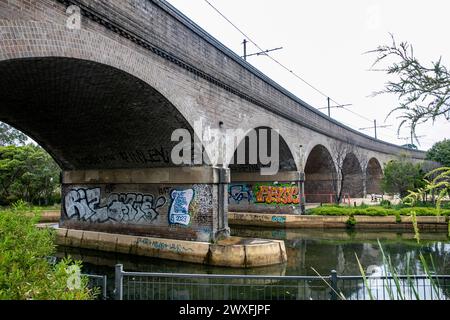 Das historische Eisenbahnviadukt Glebe und Wentworth mit Graffiti über Johnston's Creek in Glebe, Sydney, NSW, Australien Stockfoto