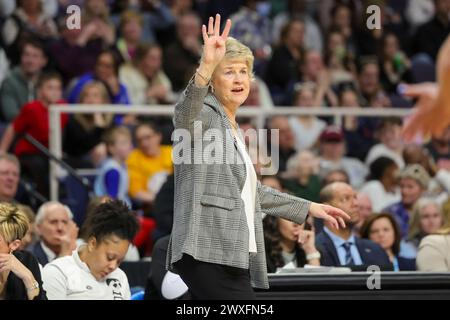 Albany, New York, USA. 30. März 2024. Iowa Head Coach LISA BLUDER gibt ihrem Team während des NCAA Women's Basketball Tournament Albany 2 Regional Halbfinals 2024 in der MVP Arena in Albany, N.Y. (Credit Image: © Scott Rausenberger/ZUMA Press Wire) NUR ZUR REDAKTIONELLEN VERWENDUNG ein Spiel! Nicht für kommerzielle ZWECKE! Quelle: ZUMA Press, Inc./Alamy Live News Stockfoto
