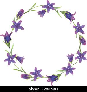 Runder Rahmen aus Glockenblumen mit Blütenblättern. Aquarellabbildung. Einfacher Stil. Handgezeichnete isolierte Kunst. Botanischer Frühlingskranz für Stock Vektor