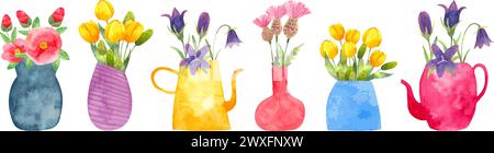 Set von Blumen in einer Vase. Japanische Kamelien, Tulpen, Blauglocken, Distel. Aquarellillustration. Handgezeichnet einfache stilisierte Art. Botanischer Garten Stock Vektor