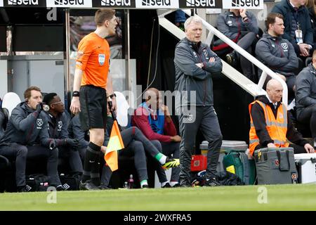 Newcastle, Großbritannien. 30. März 2024. David Moyes, Trainer von West Ham United, während des Premier League-Spiels zwischen Newcastle United und West Ham United in St. James's Park, Newcastle am Samstag, den 30. März 2024. (Foto: Mark Fletcher | MI News) Credit: MI News & Sport /Alamy Live News Stockfoto