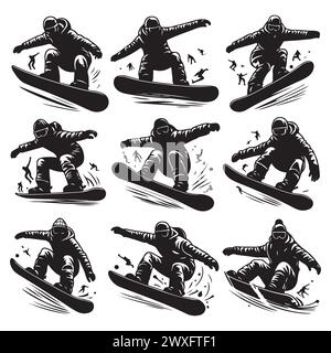 Silhouette Set von Snowboardfahrern Stock Vektor