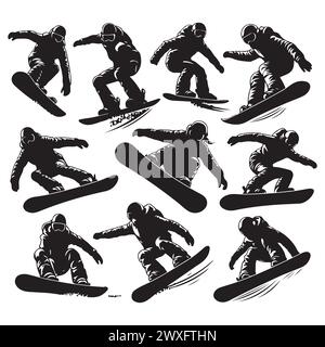 Silhouette Set von Snowboardfahrern Stock Vektor