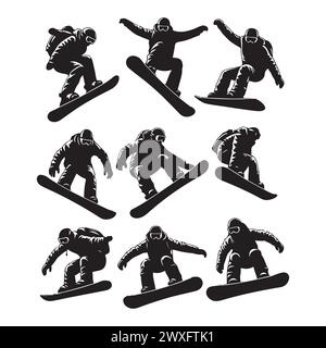 Silhouette Set von Snowboardfahrern Stock Vektor