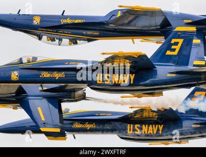 Die Blue Angels der US Navy in enger Formation auf der Miramar Airshow 2023 in Miramar, Kalifornien. Stockfoto