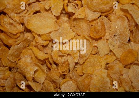 Nahaufnahme mit leckerem, knusprigem, goldenem Cornflakes auf einer weißen Schüssel Stockfoto