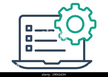 Symbol "Aktionsplan". Laptop und Checkliste mit Ausrüstung. Symbol, das sich auf das Geschäft bezieht. Liniensymbolstil. Elementabbildung. Stock Vektor