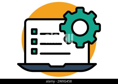 Symbol "Aktionsplan". Laptop und Checkliste mit Ausrüstung. Symbol, das sich auf das Geschäft bezieht. Symbolstil für flache Linien. Elementabbildung. Stock Vektor