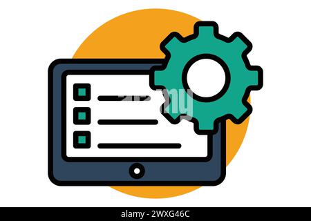 Symbol "Aktionsplan". Laptop und Checkliste mit Ausrüstung. Symbol, das sich auf das Geschäft bezieht. Symbolstil für flache Linien. Elementabbildung. Stock Vektor