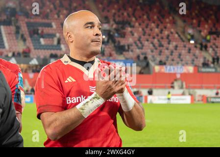 Limerick, Irland. 30. März 2024. Simon Zebo aus Munster nach dem Spiel der United Rugby Championship Runde 13 zwischen Munster Rugby und Cardiff Rugby im Thomond Park in Limerick, Irland am 30. März 2024 (Foto: Andrew Surma/ Credit: SIPA USA/Alamy Live News) Stockfoto