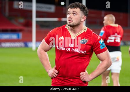 Limerick, Irland. 30. März 2024. Jack Daly aus Munster nach dem Spiel der United Rugby Championship Runde 13 zwischen Munster Rugby und Cardiff Rugby im Thomond Park in Limerick, Irland am 30. März 2024 (Foto: Andrew Surma/ Credit: SIPA USA/Alamy Live News) Stockfoto