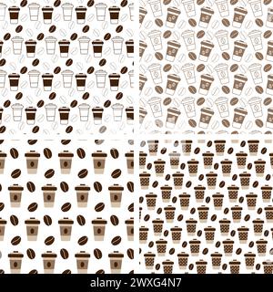 Einwegbecher mit Deckel und nahtlosem Muster aus Kaffeebohnen in trendigem Monochrom-Braun, 4er-Set. Abstrakte Hintergrundstruktur in minimalistischem Stil. Isolieren. EPS. Vektor für Umhüllung, Hintergrundbild oder Web Stock Vektor