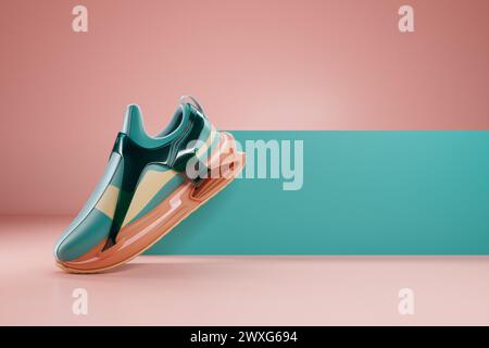 3D-Illustration von farbenfrohen Sneakers mit Schaumstoffsohlen und neonfarbenem Verschluss auf rosa Hintergrund. Sneakers, Seitenansicht. Modische Sneakers. Stockfoto