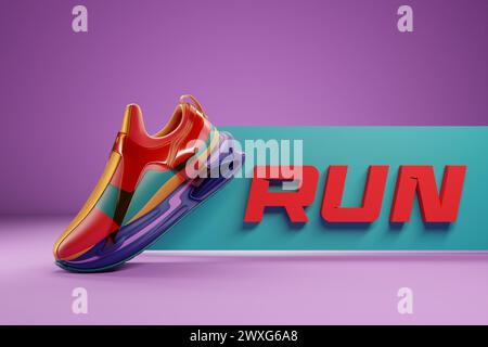 3D-Illustration von farbenfrohen neuen Sport-Sneakers auf einer riesigen Schaumstoffsohle mit der Aufschrift „Run“, Sneakers im hässlichen Stil. Modische Sneakers. Stockfoto