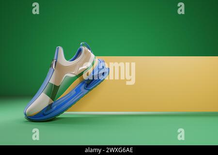 3D-Illustration von farbenfrohen Sneakers mit Schaumstoffsohlen und Verschluss in Neonfarbe auf grünem Hintergrund. Sneakers, Seitenansicht. Modische Sneakers. Stockfoto