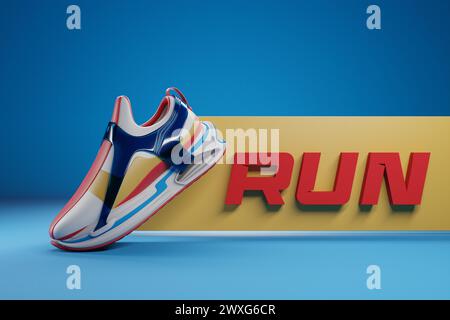 3D-Illustration von farbenfrohen neuen Sport-Sneakers auf einer riesigen Schaumstoffsohle mit der Aufschrift „Run“, Sneakers im hässlichen Stil. Modische Sneakers. Stockfoto