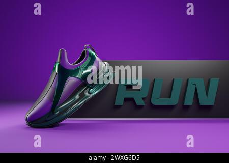 3D-Illustration von farbenfrohen neuen Sport-Sneakers auf einer riesigen Schaumstoffsohle mit der Aufschrift „Run“, Sneakers im hässlichen Stil. Modische Sneakers. Stockfoto