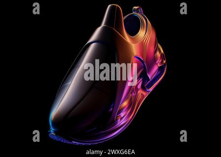 3D-Illustration von farbenfrohen Sneakers mit Schaumstoffsohlen und Verschluss in Neonfarbe auf schwarzem Hintergrund. Sneakers, Seitenansicht. Modische Sneakers. Stockfoto