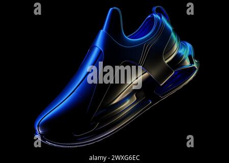 3D-Illustration von farbenfrohen Sneakers mit Schaumstoffsohlen und Verschluss in Neonfarbe auf schwarzem Hintergrund. Sneakers, Seitenansicht. Modische Sneakers. Stockfoto