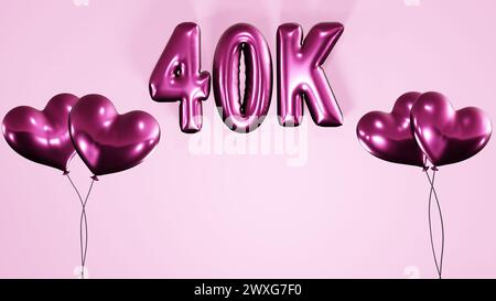 40k, 40000 Follower, Abonnenten, mögen Feierlichkeiten mit Herzform Helium Luftballons und Ballontexte auf violettem Hintergrund 8k illus Stockfoto