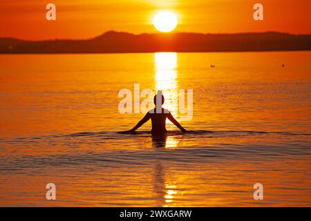 Portobello, Edinburgh, Schottland, Großbritannien. 31. März 2024. Atemberaubender Sonnenaufgang im britischen Sommer an der schottischen Küste sowie Ostersonntag. Im Bild: Weibchen nimmt ein kühles Bad im Firth of Forth bei Sonnenaufgang, Temperatur 6 Grad Celsius. Quelle: Arch White/Alamy Live News. Stockfoto