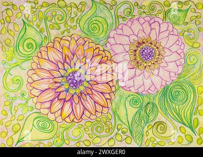 Zwei Ringelblumen in einem schönen sonnigen Garten. Die Dabbing-Technik in der Nähe der Kanten sorgt aufgrund der veränderten Oberflächenrauhigkeit des p für einen weichen Fokus Stockfoto