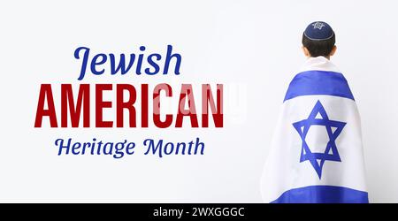 Junge mit der Flagge Israels auf hellem Hintergrund, Rückansicht. Banner für den Monat des jüdischen amerikanischen Erbes Stockfoto