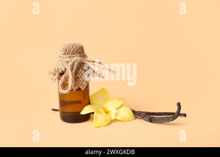 Flasche Vanilleextrakt, Stifte und Blume auf farbigem Hintergrund Stockfoto