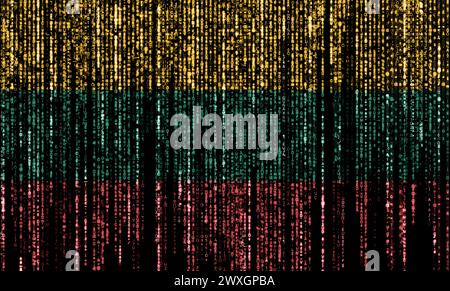 Flagge Litauens auf einem Computer-Binärcodes fallen von oben und verschwinden. Stockfoto