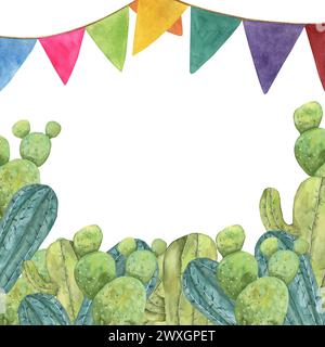 Quadratischer Schablonenrahmen mit Kakteen und bunten Fahnen für Cinco de Mayo. Handgezeichnetes, farbenfrohes Clipart. Design in geometrischer Form für Karte Stockfoto