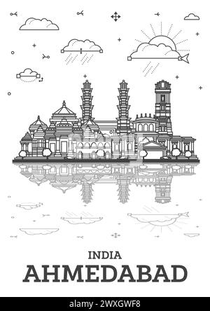 Umreißen Sie die Skyline von Ahmedabad India City mit historischen Gebäuden und Reflektionen, isoliert auf Weiß. Vektordarstellung. Ahmedabad Stadtbild mit Wahrzeichen Stock Vektor