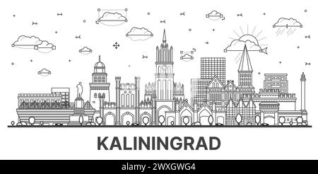 Umreißen Sie die Skyline der Stadt Kaliningrad Russland mit modernen und historischen Gebäuden, die auf weiß isoliert sind. Vektorabbildung. Kaliningrad Stadtbild mit Wahrzeichen Stock Vektor